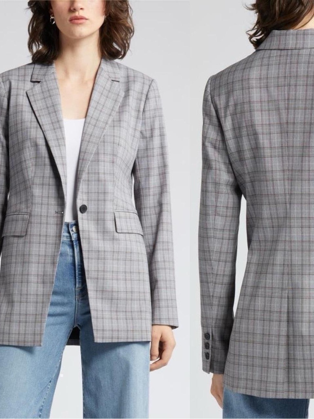 Nordstrom Women’s Grey and Red Plaid single-button Blazer Jacket Size L